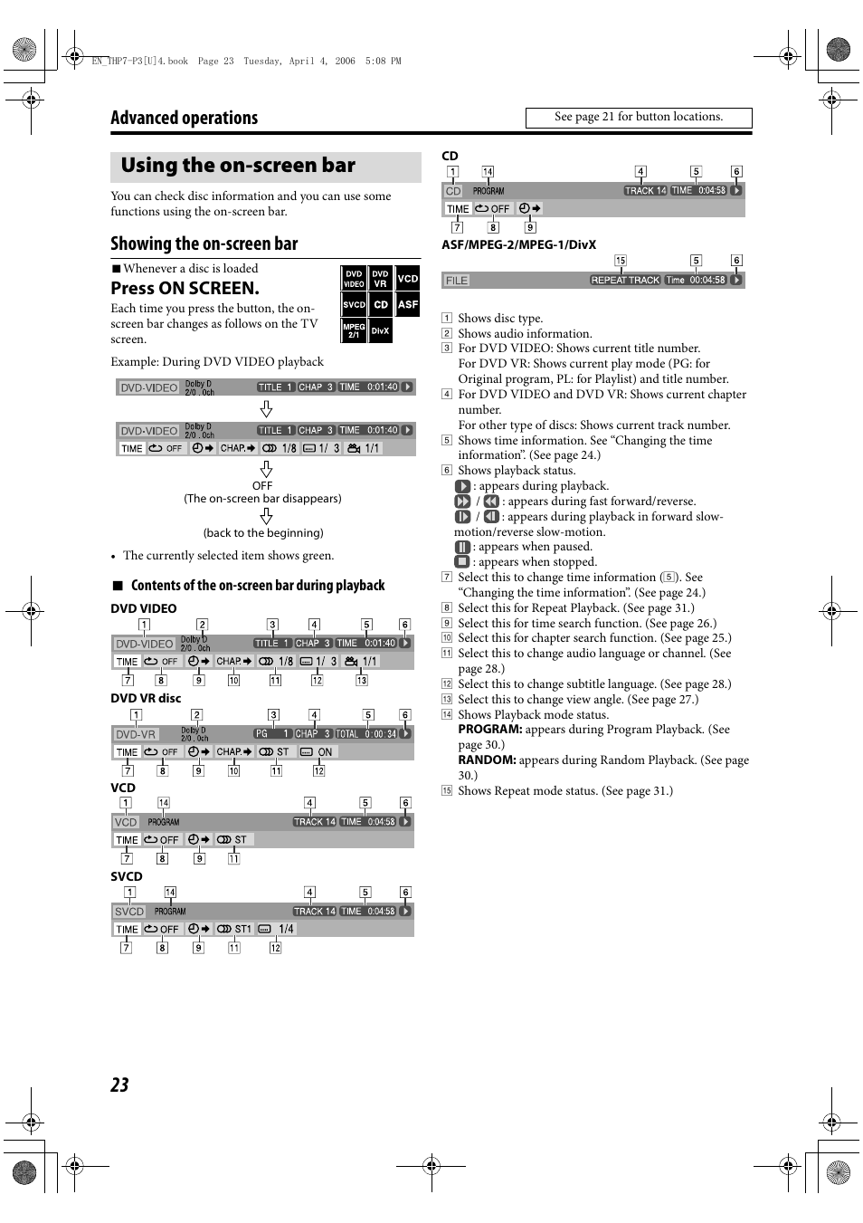 Using the on-screen bar, Advanced operations, Showing the on-screen bar | Press on screen | JVC TH-G10 User Manual | Page 26 / 44