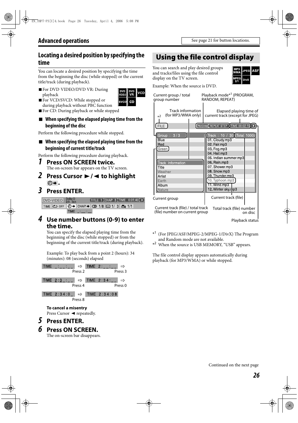 Using the file control display, Press on screen twice, Press cursor 3 / 2 to highlight | Press enter, Use number buttons (0-9) to enter the time, Press on screen | JVC TH-G10 User Manual | Page 29 / 44