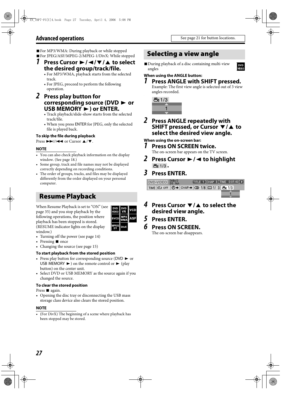 Resume playback, Selecting a view angle, Resume playback selecting a view angle | Advanced operations | JVC TH-G10 User Manual | Page 30 / 44