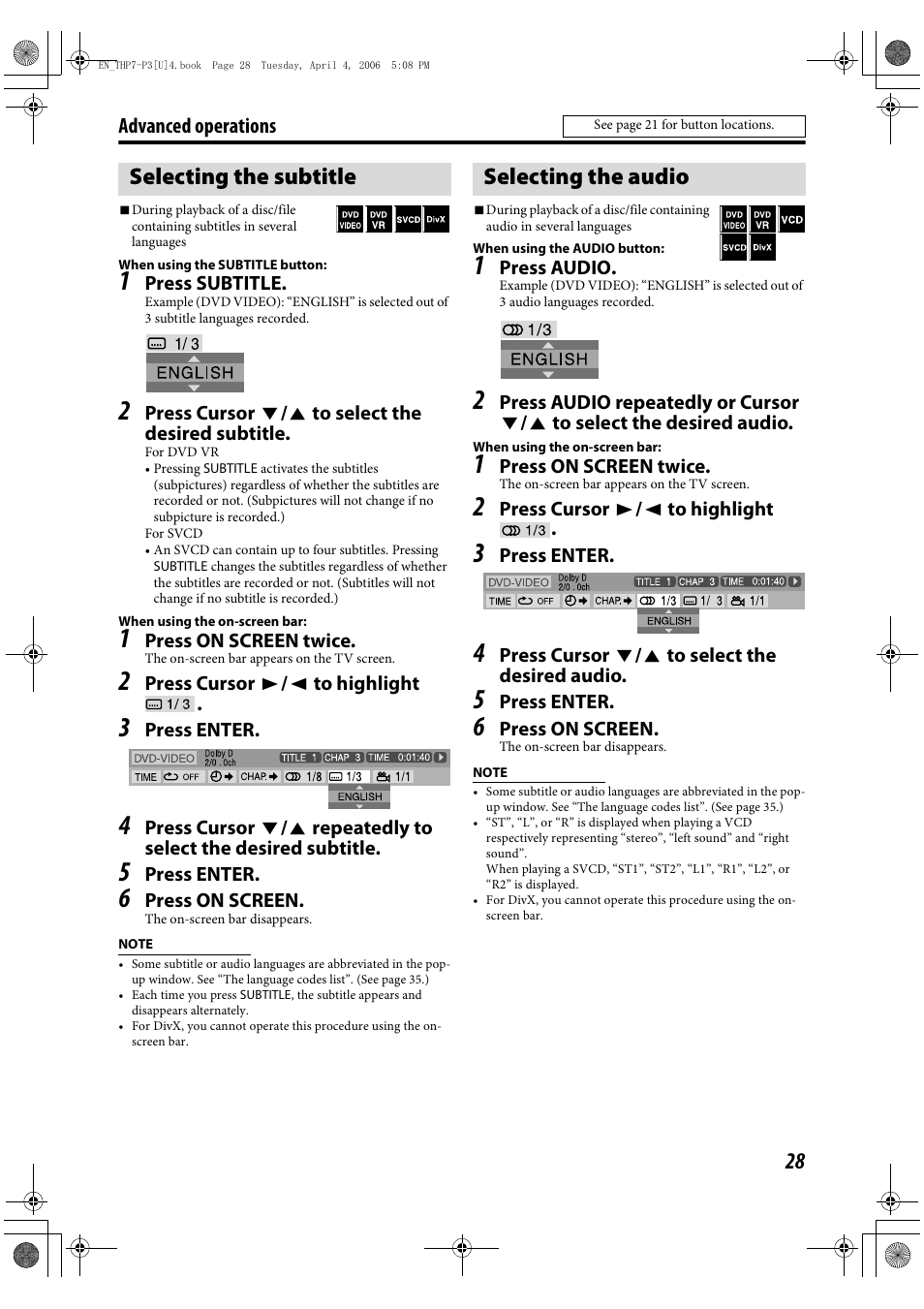 Selecting the subtitle, Selecting the audio, Selecting the subtitle selecting the audio | JVC TH-G10 User Manual | Page 31 / 44