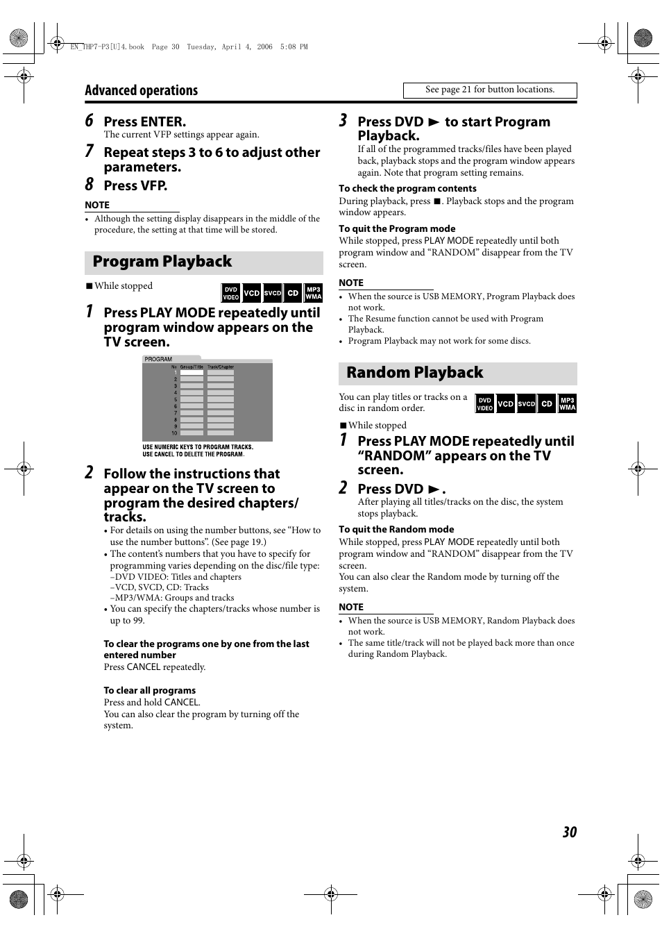 Program playback, Random playback, Program playback random playback | Advanced operations | JVC TH-G10 User Manual | Page 33 / 44