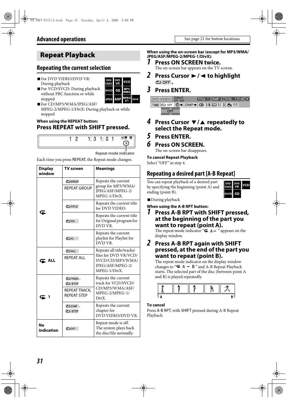 Repeat playback, Repeating a desired part [a-b repeat | JVC TH-G10 User Manual | Page 34 / 44