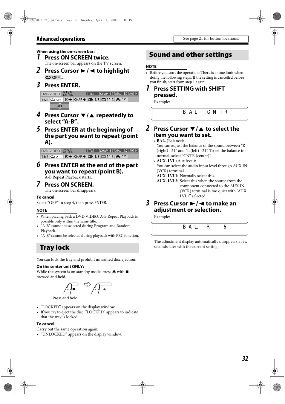 Tray lock, Sound and other settings, Advanced operations | JVC TH-G10 User Manual | Page 35 / 44