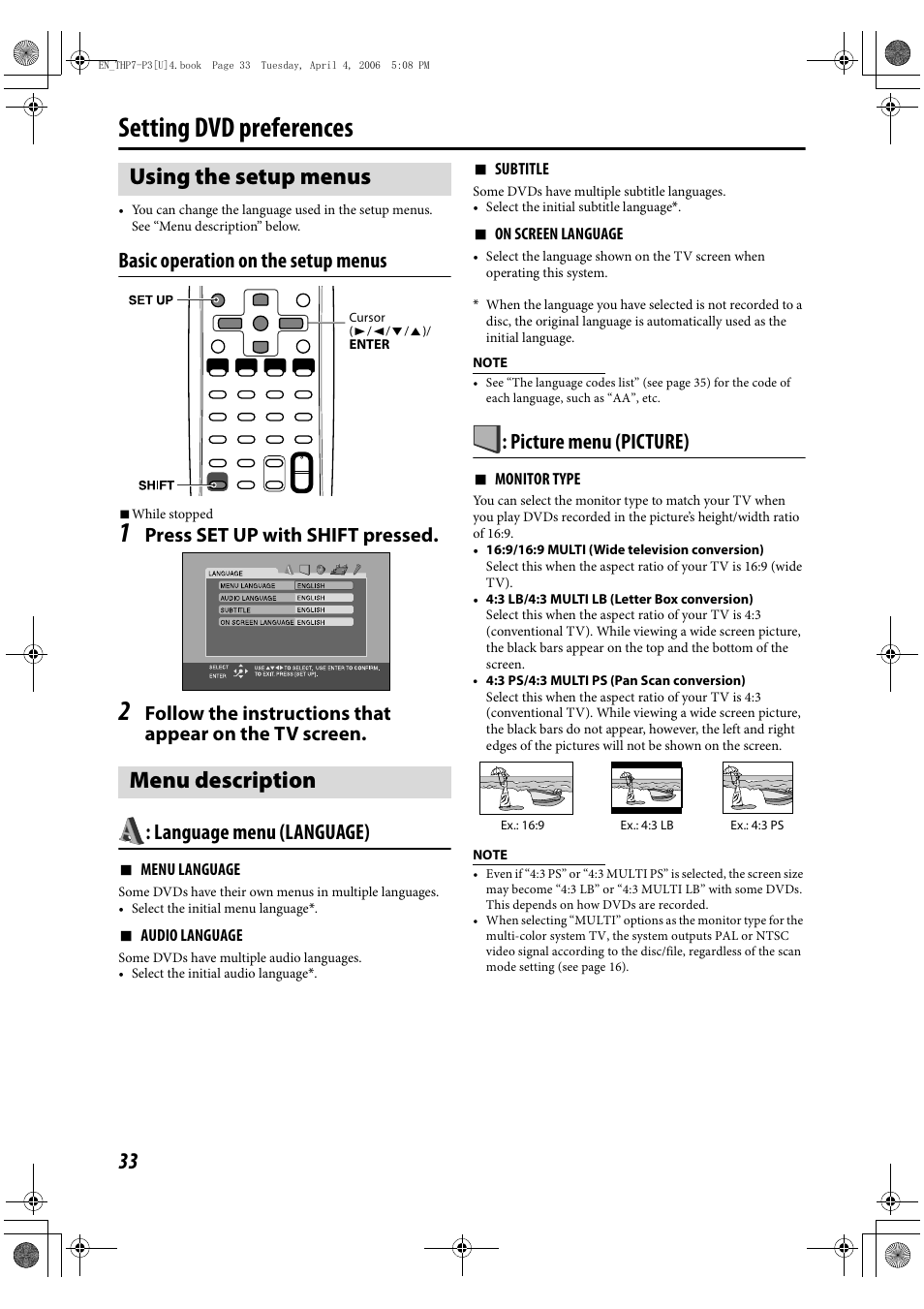 Setting dvd preferences, Using the setup menus, Menu description | Using the setup menus menu description, Basic operation on the setup menus, Language menu (language), Picture menu (picture), Press set up with shift pressed | JVC TH-G10 User Manual | Page 36 / 44