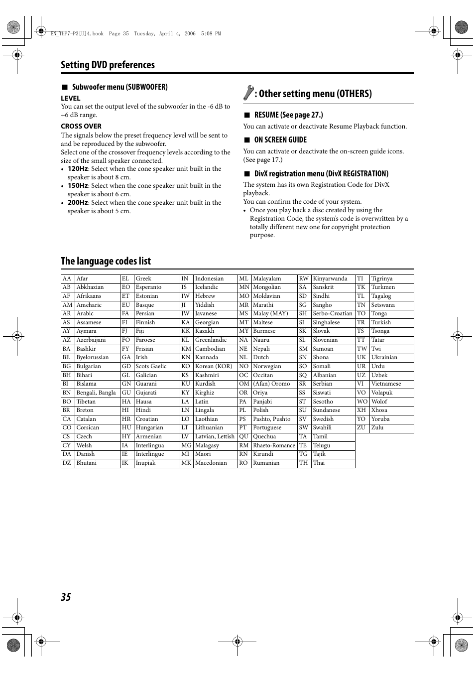 Other setting menu (others), The language codes list, Setting dvd preferences | 7 subwoofer menu (subwoofer), 7 resume (see page 27.), 7 on screen guide, 7 divx registration menu (divx registration) | JVC TH-G10 User Manual | Page 38 / 44