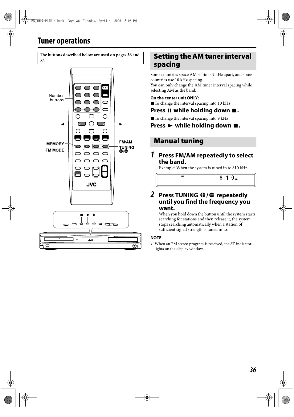 Tuner operations, Setting the am tuner interval spacing, Manual tuning | JVC TH-G10 User Manual | Page 39 / 44