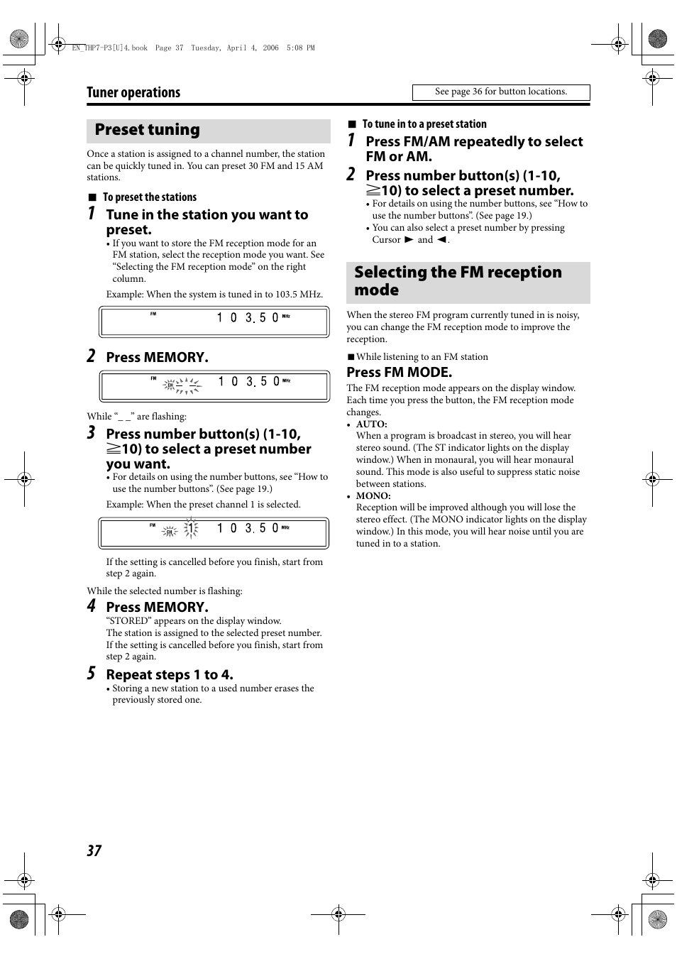 Preset tuning, Selecting the fm reception mode, Preset tuning selecting the fm reception mode | Tuner operations | JVC TH-G10 User Manual | Page 40 / 44