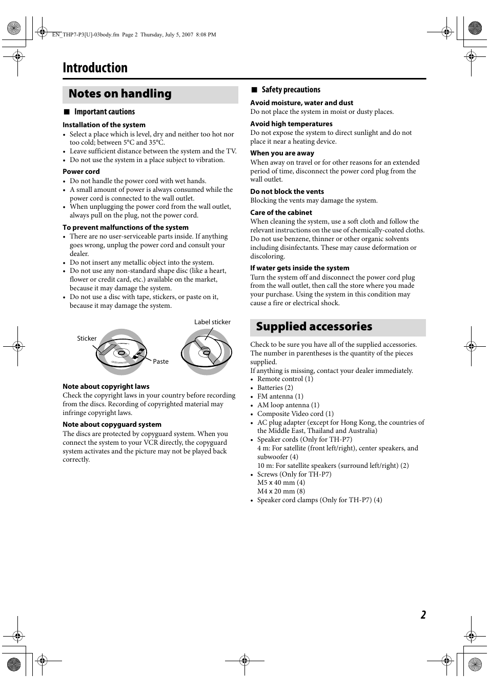 Introduction, Notes on handling, Supplied accessories | JVC TH-G10 User Manual | Page 5 / 44