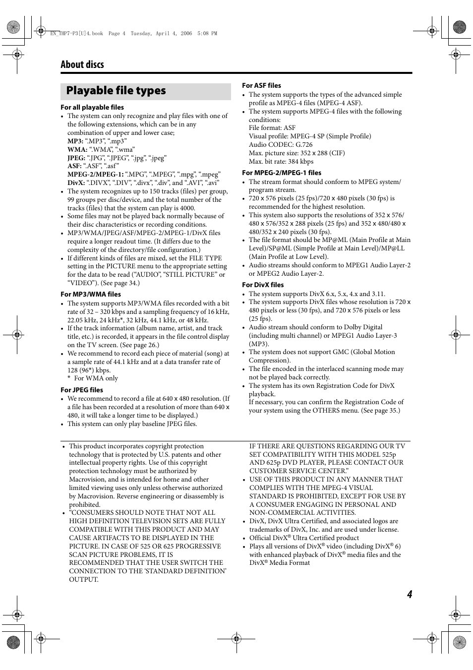 Playable file types, About discs | JVC TH-G10 User Manual | Page 7 / 44