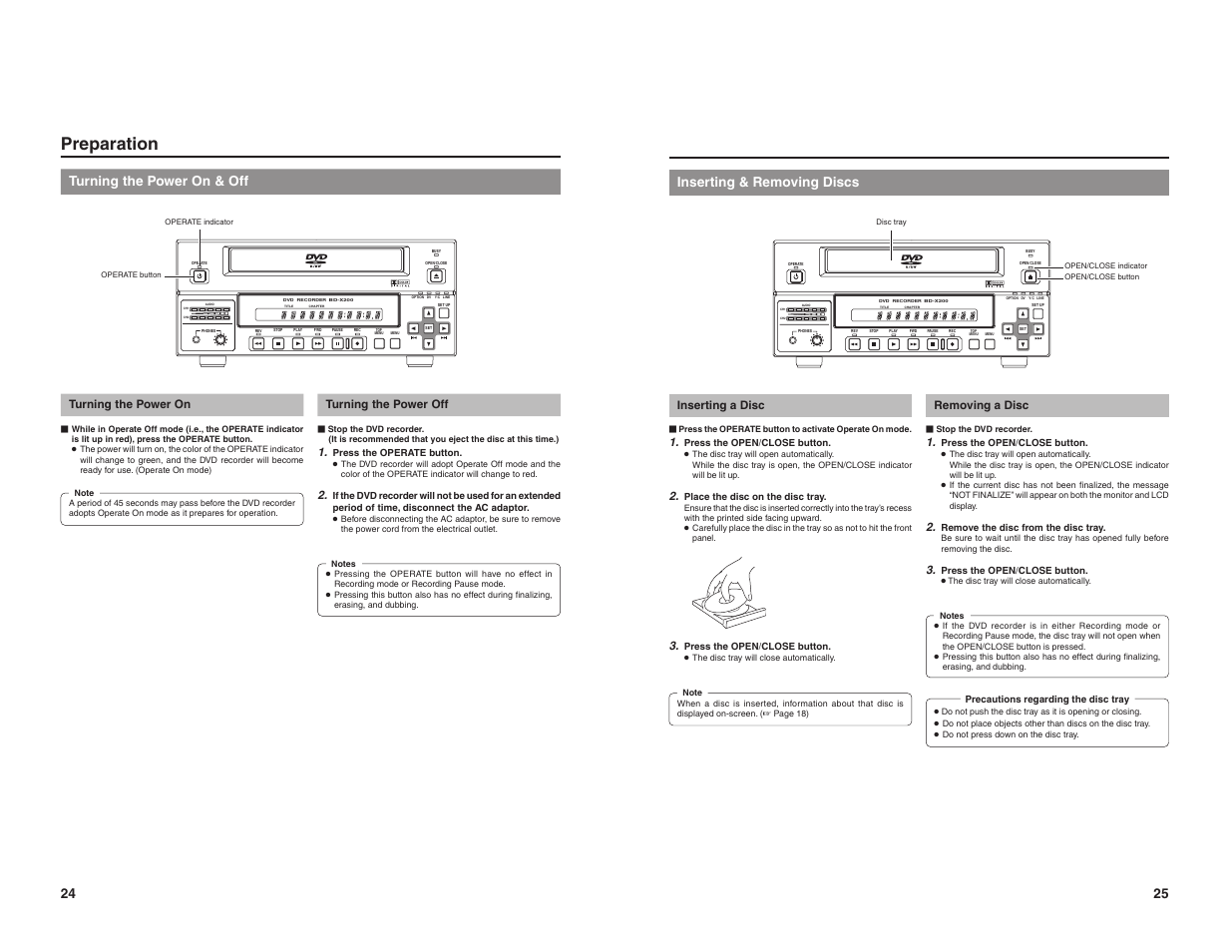Preparation, Turning the power on & off, 25 inserting & removing discs | Turning the power on, Turning the power off, Inserting a disc, Removing a disc | JVC BD-X200U User Manual | Page 15 / 48