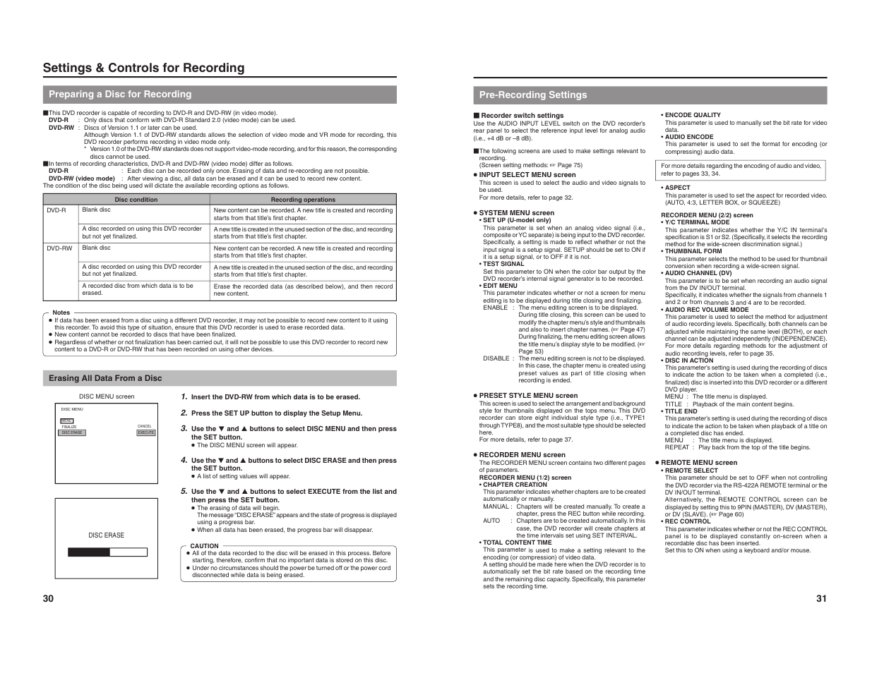 Settings & controls for recording, Preparing a disc for recording, 31 pre-recording settings | JVC BD-X200U User Manual | Page 18 / 48
