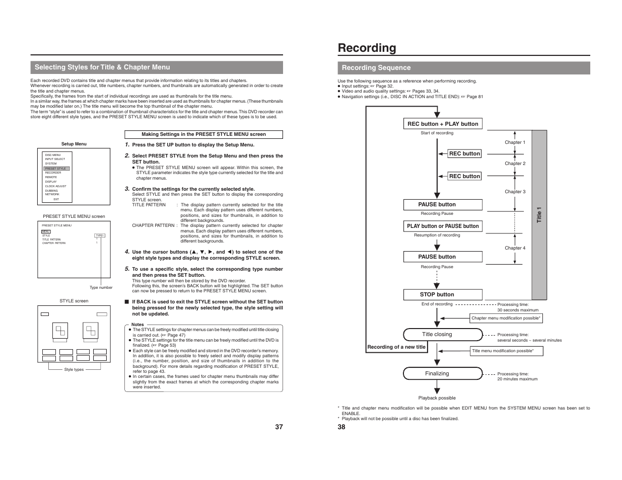 Recording, 37 selecting styles for title & chapter menu, Recording sequence | JVC BD-X200U User Manual | Page 22 / 48
