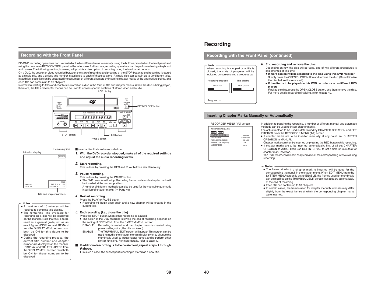 Recording, 39 recording with the front panel, Recording with the front panel (continued) | Inserting chapter marks manually or automatically | JVC BD-X200U User Manual | Page 23 / 48