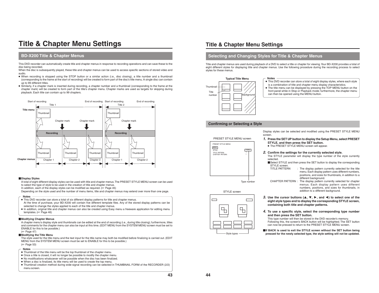Title & chapter menu settings, Bd-x200 title & chapter menus | JVC BD-X200U User Manual | Page 25 / 48