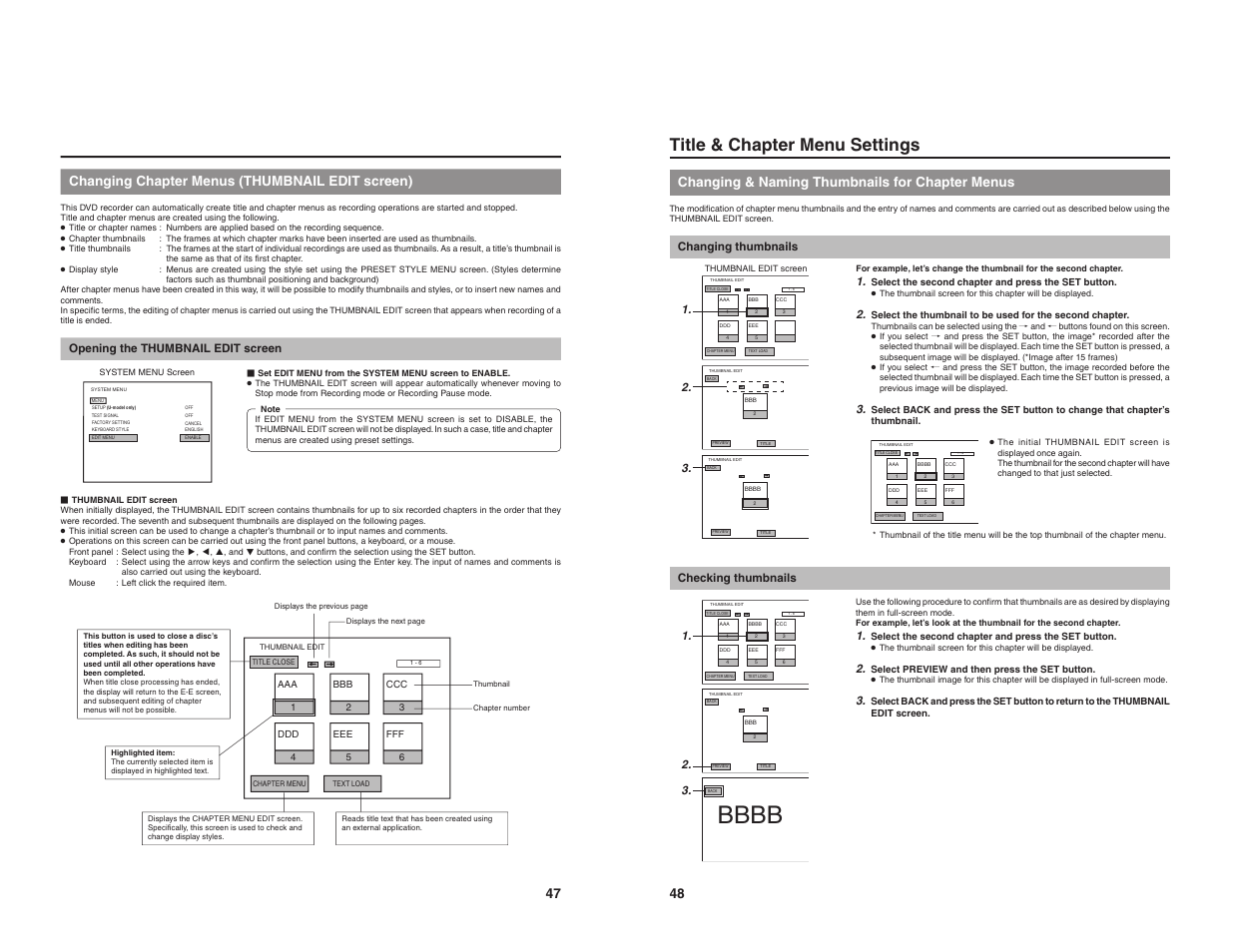 Title & chapter menu settings, 47 changing chapter menus (thumbnail edit screen), Changing & naming thumbnails for chapter menus | Opening the thumbnail edit screen, Changing thumbnails, Checking thumbnails | JVC BD-X200U User Manual | Page 27 / 48