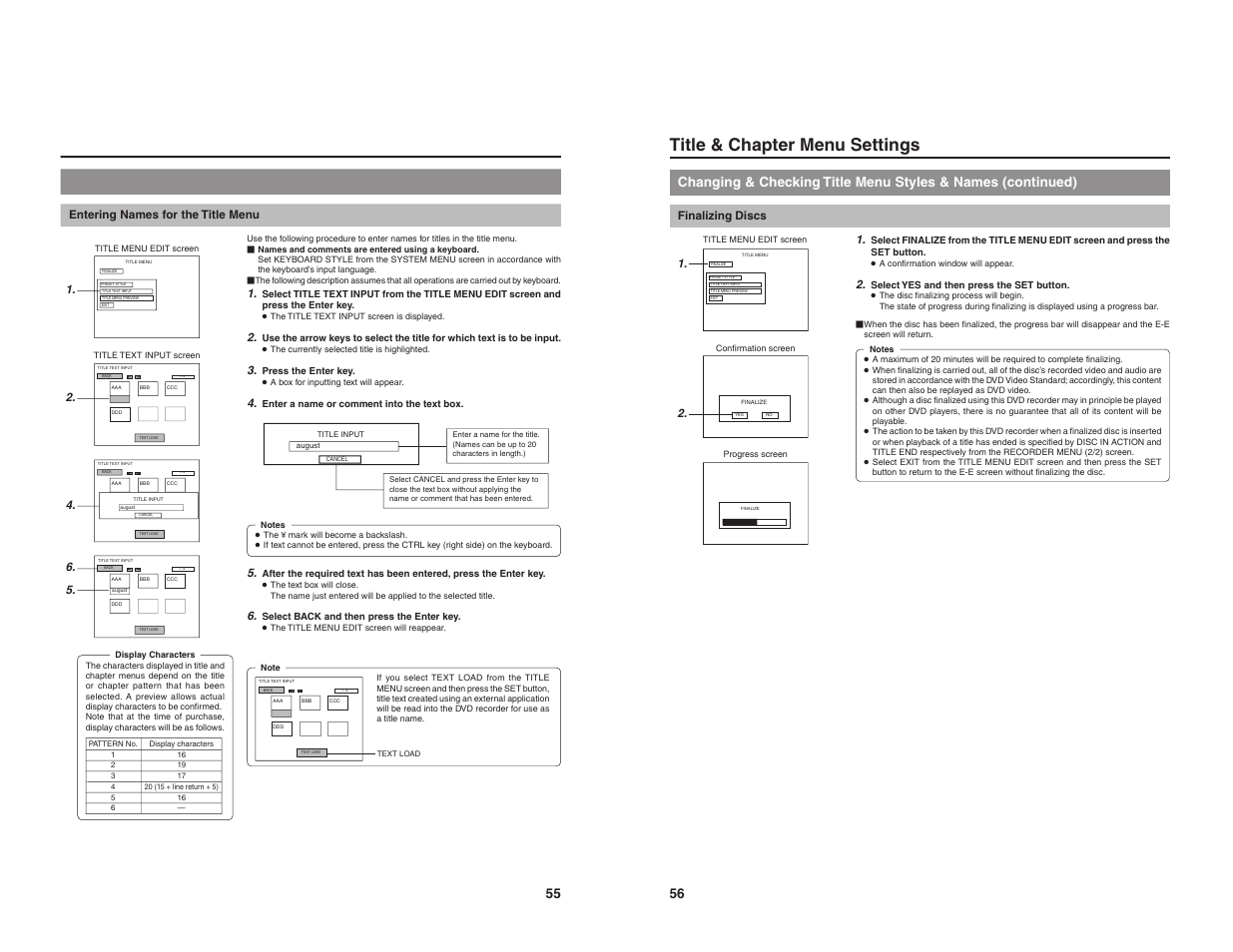 Title & chapter menu settings, Entering names for the title menu, Finalizing discs 1 | JVC BD-X200U User Manual | Page 31 / 48