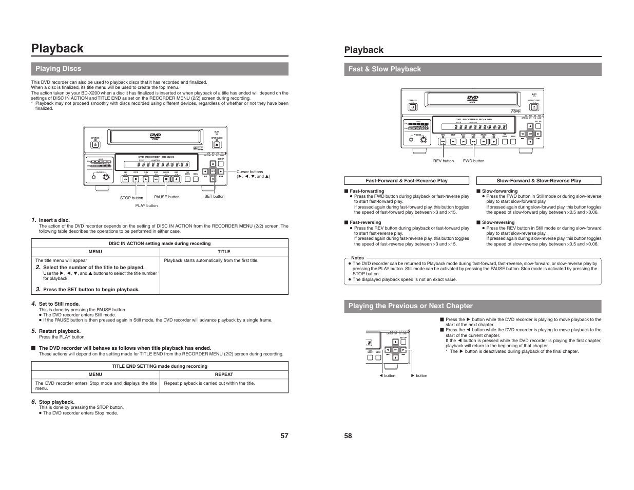 Playback, Playing discs, Fast & slow playback | Playing the previous or next chapter | JVC BD-X200U User Manual | Page 32 / 48