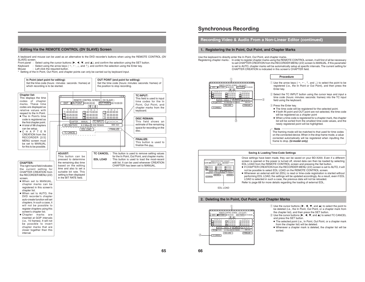 Synchronous recording, Editing via the remote control (dv slave) screen | JVC BD-X200U User Manual | Page 36 / 48