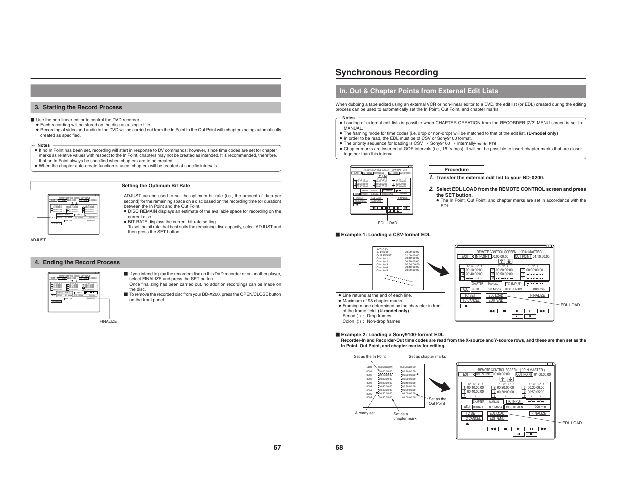 Synchronous recording, In, out & chapter points from external edit lists, Starting the record process | Ending the record process | JVC BD-X200U User Manual | Page 37 / 48