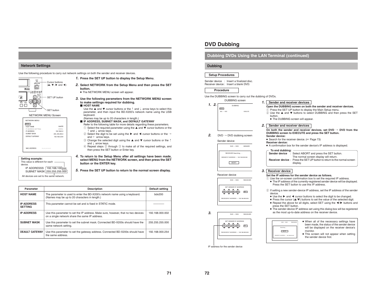 Dvd dubbing, Dubbing dvds using the lan terminal (continued), Network settings | Dubbing | JVC BD-X200U User Manual | Page 39 / 48