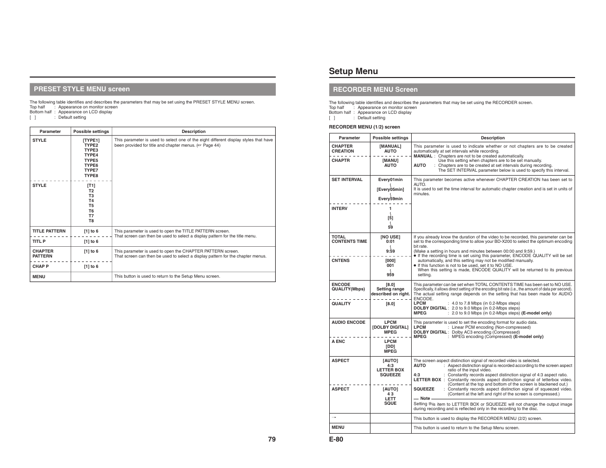 Setup menu, 79 preset style menu screen, E-80 | Recorder menu screen | JVC BD-X200U User Manual | Page 43 / 48