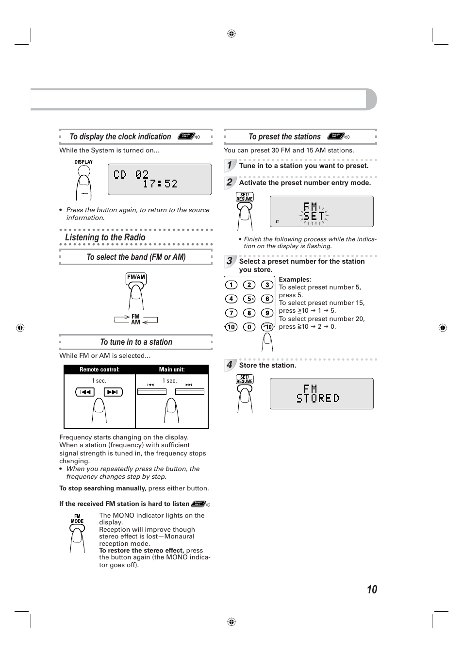 Listening to the radio | JVC CA-UXE15 User Manual | Page 13 / 33