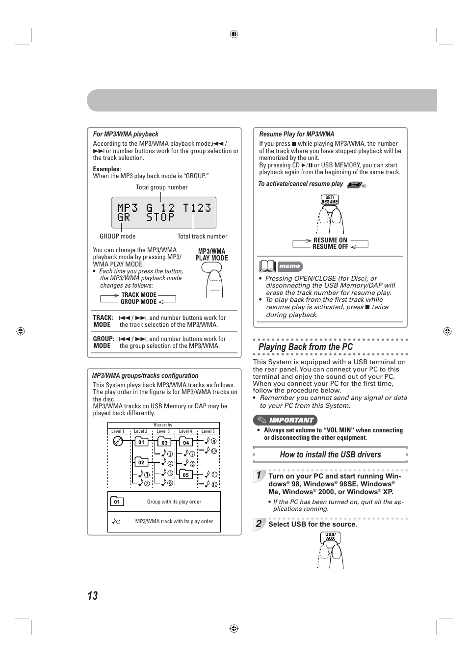 Playing back from the pc, How to install the usb drivers | JVC CA-UXE15 User Manual | Page 16 / 33