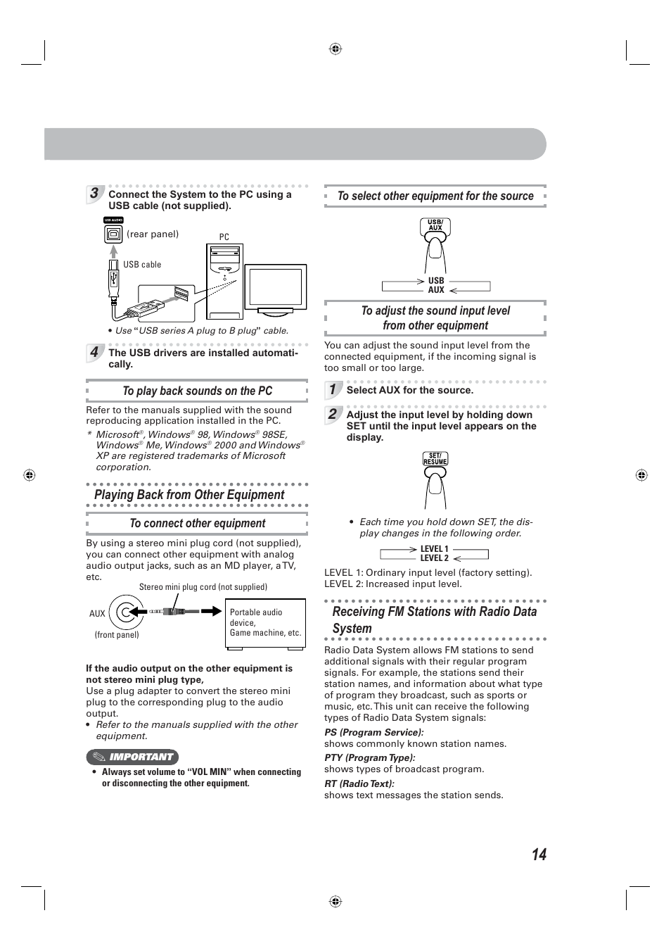 Playing back from other equipment, Receiving fm stations with radio data system | JVC CA-UXE15 User Manual | Page 17 / 33