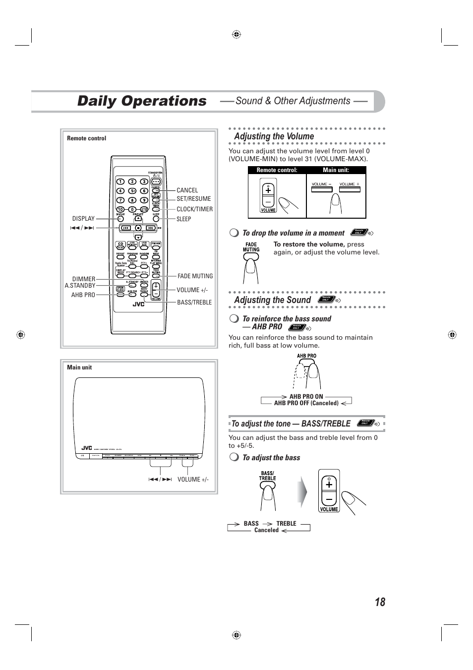 Daily operations — sound & other adjustments, Adjusting the volume, Adjusting the sound | Daily operations, Sound & other adjustments | JVC CA-UXE15 User Manual | Page 21 / 33