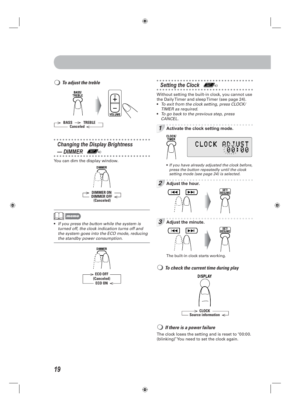 Changing the display brightness — dimmer, Setting the clock | JVC CA-UXE15 User Manual | Page 22 / 33