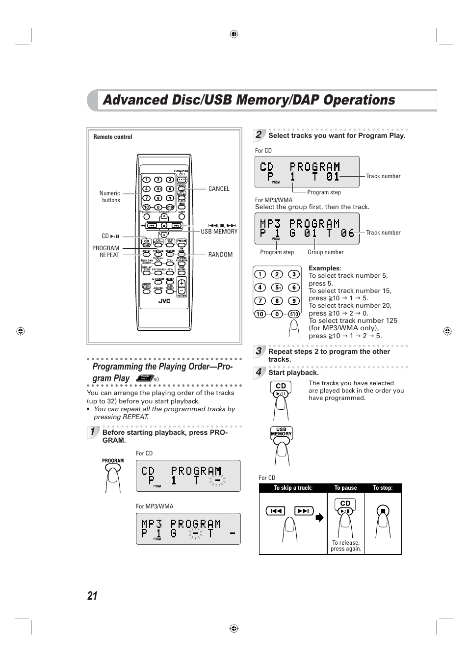 Advanced disc/usb memory/dap operations, Programming the playing order—programplay, Programming the playing order—pro- gram play | JVC CA-UXE15 User Manual | Page 24 / 33