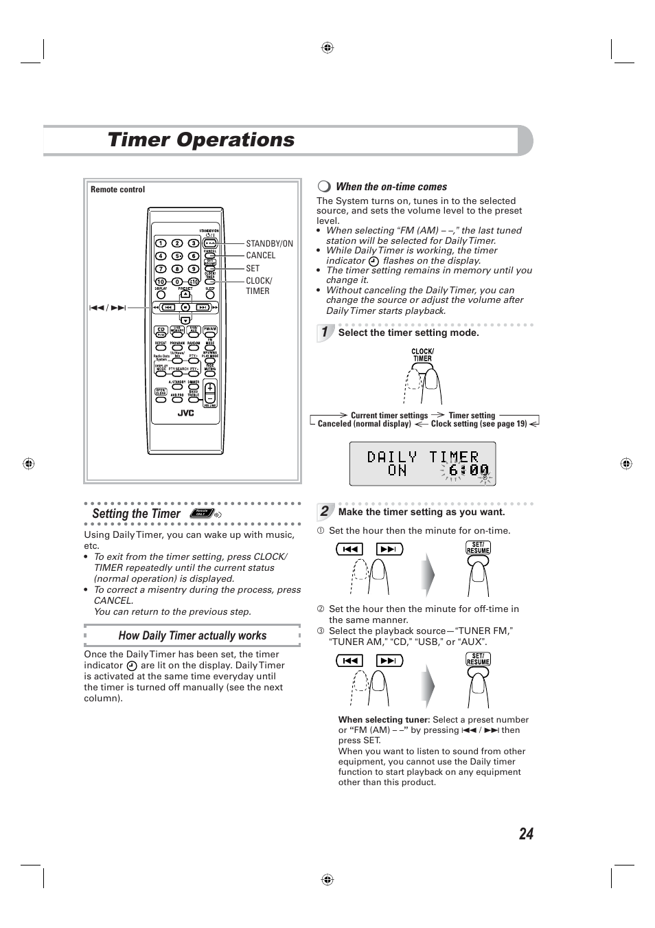 Timer operations, Setting the timer | JVC CA-UXE15 User Manual | Page 27 / 33