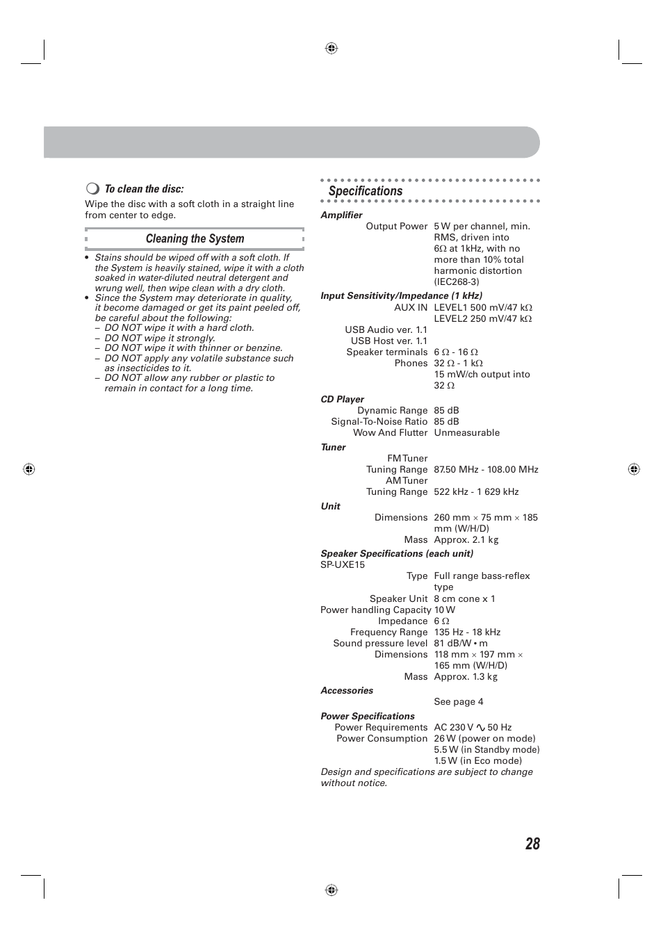 Specifi cations, Cleaning the system | JVC CA-UXE15 User Manual | Page 31 / 33