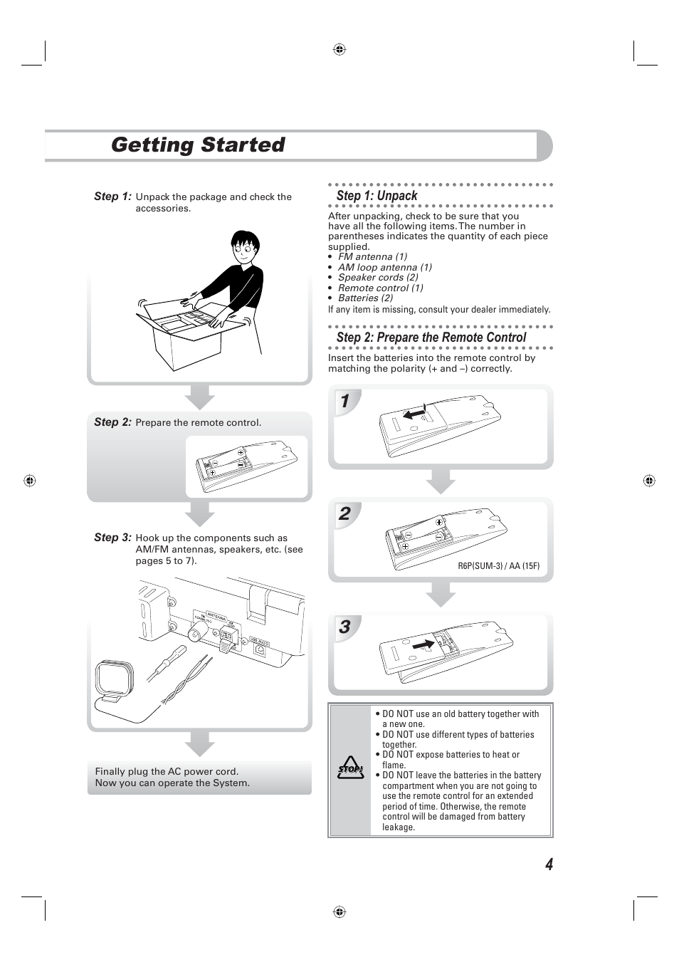 Getting started, Step 1: unpack, Step 2: prepare the remote control | JVC CA-UXE15 User Manual | Page 7 / 33