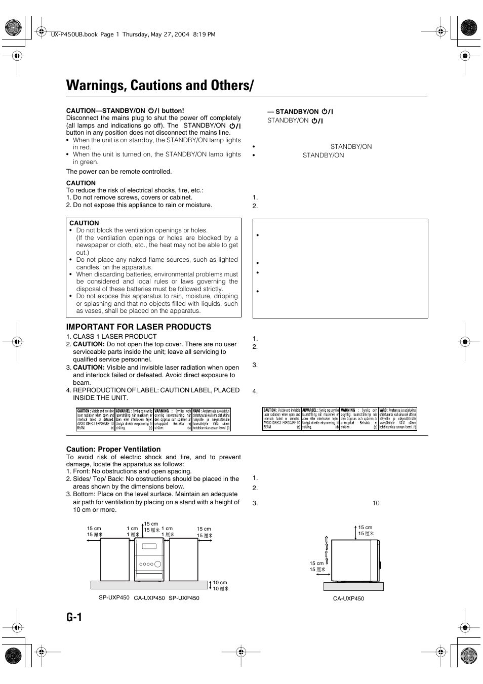 Warnings, cautions and others, Important for laser products | JVC UX-P450 User Manual | Page 102 / 198