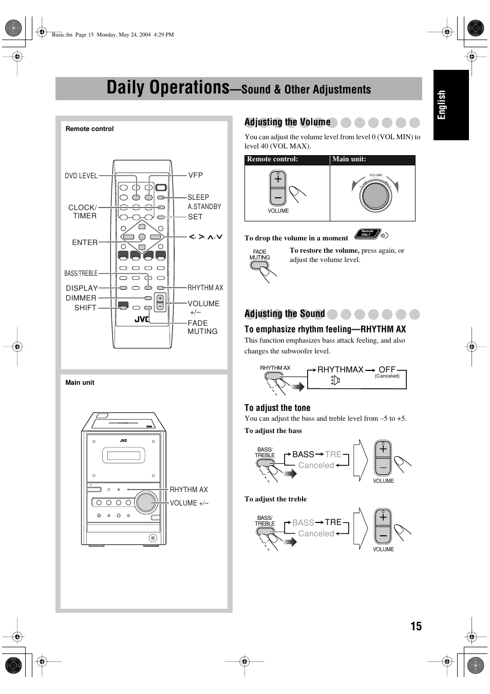 Daily operations—sound & other adjustments, Daily operations, Sound & other adjustments | English, Adjusting the volume, Adjusting the sound | JVC UX-P450 User Manual | Page 117 / 198