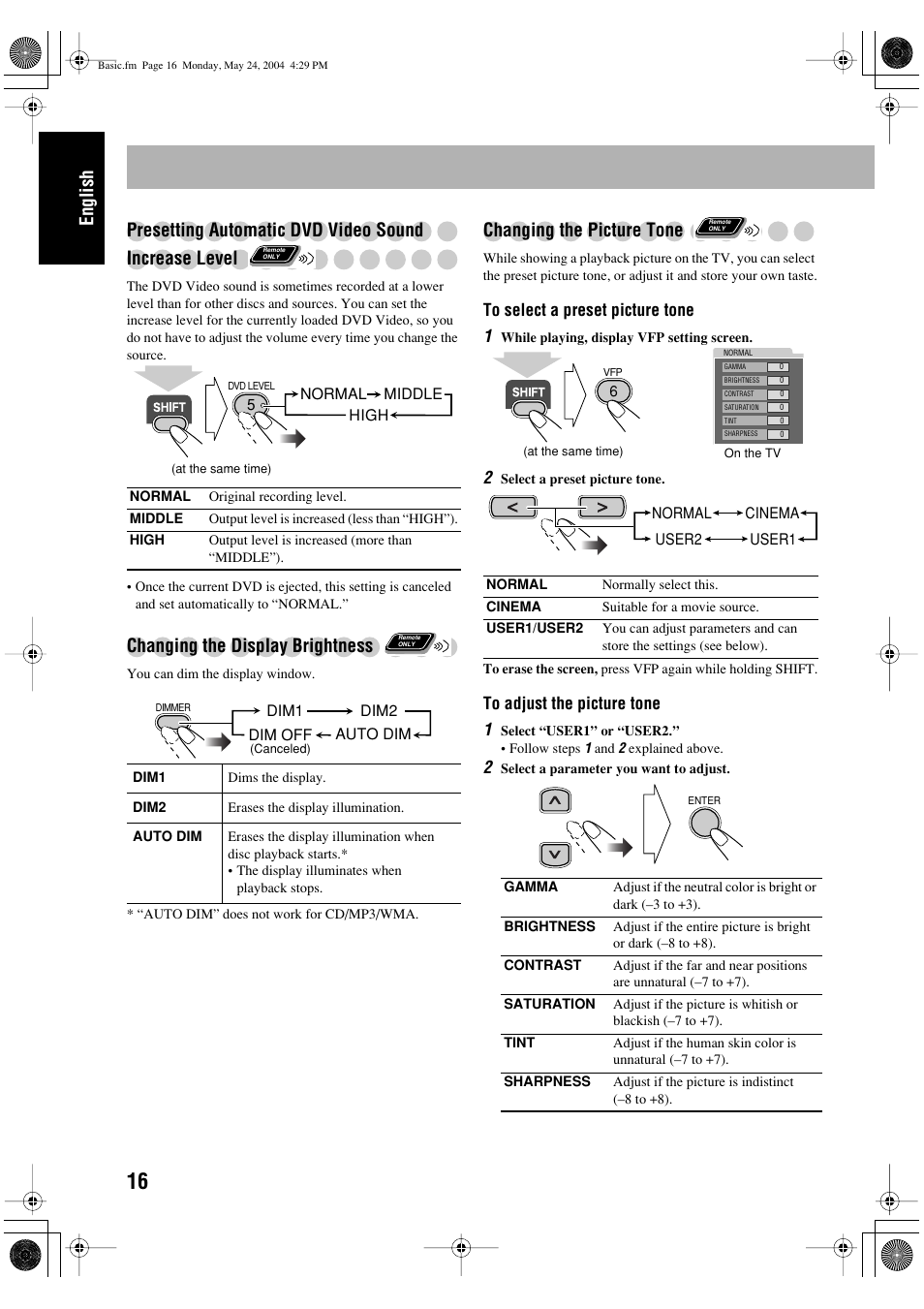 Changing the display brightness, Changing the picture tone | JVC UX-P450 User Manual | Page 118 / 198