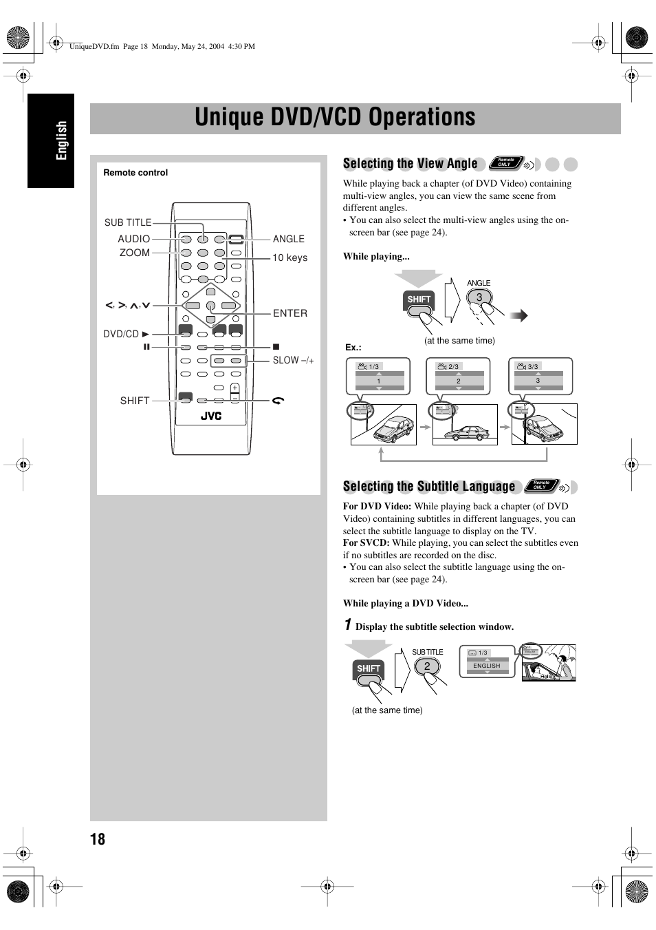 Unique dvd/vcd operations, English, Selecting the view angle | Selecting the subtitle language | JVC UX-P450 User Manual | Page 120 / 198