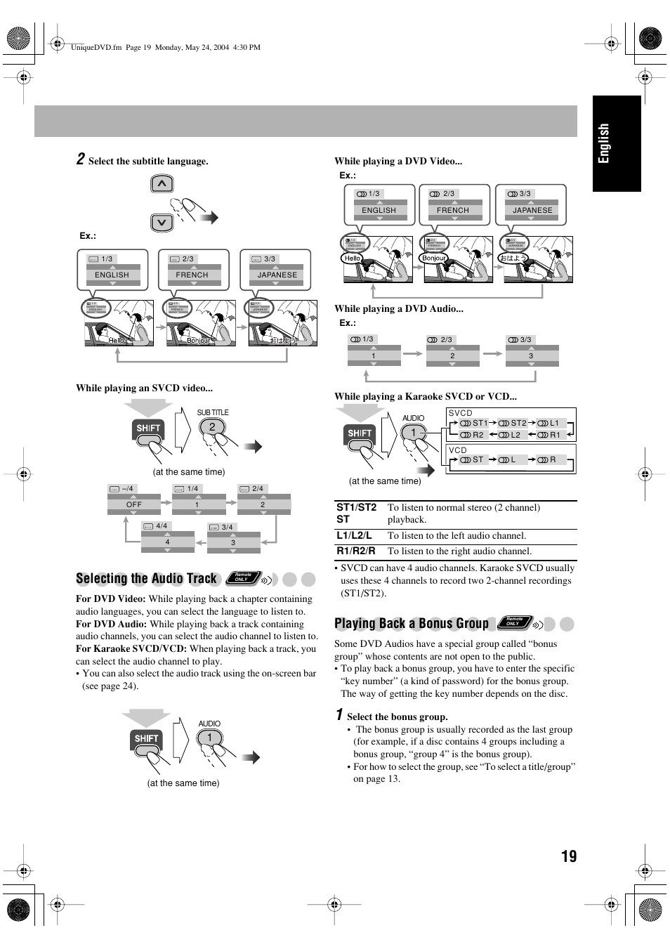 English, Selecting the audio track, Playing back a bonus group | JVC UX-P450 User Manual | Page 121 / 198