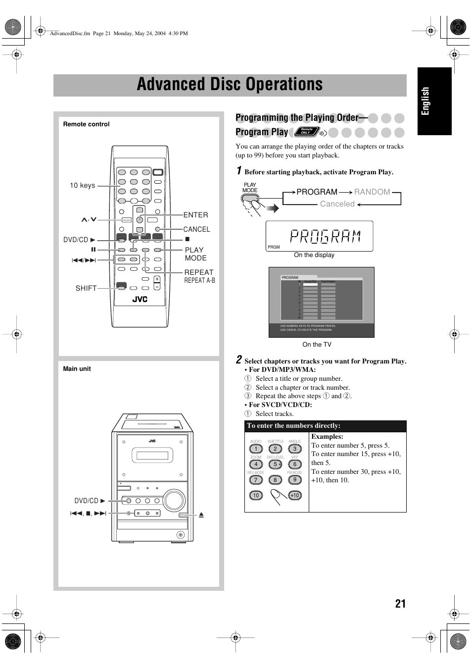 Advanced disc operations, English, Programming the playing order— program play | JVC UX-P450 User Manual | Page 123 / 198
