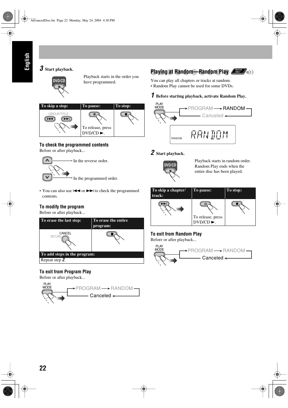 English, Playing at random—random play | JVC UX-P450 User Manual | Page 124 / 198