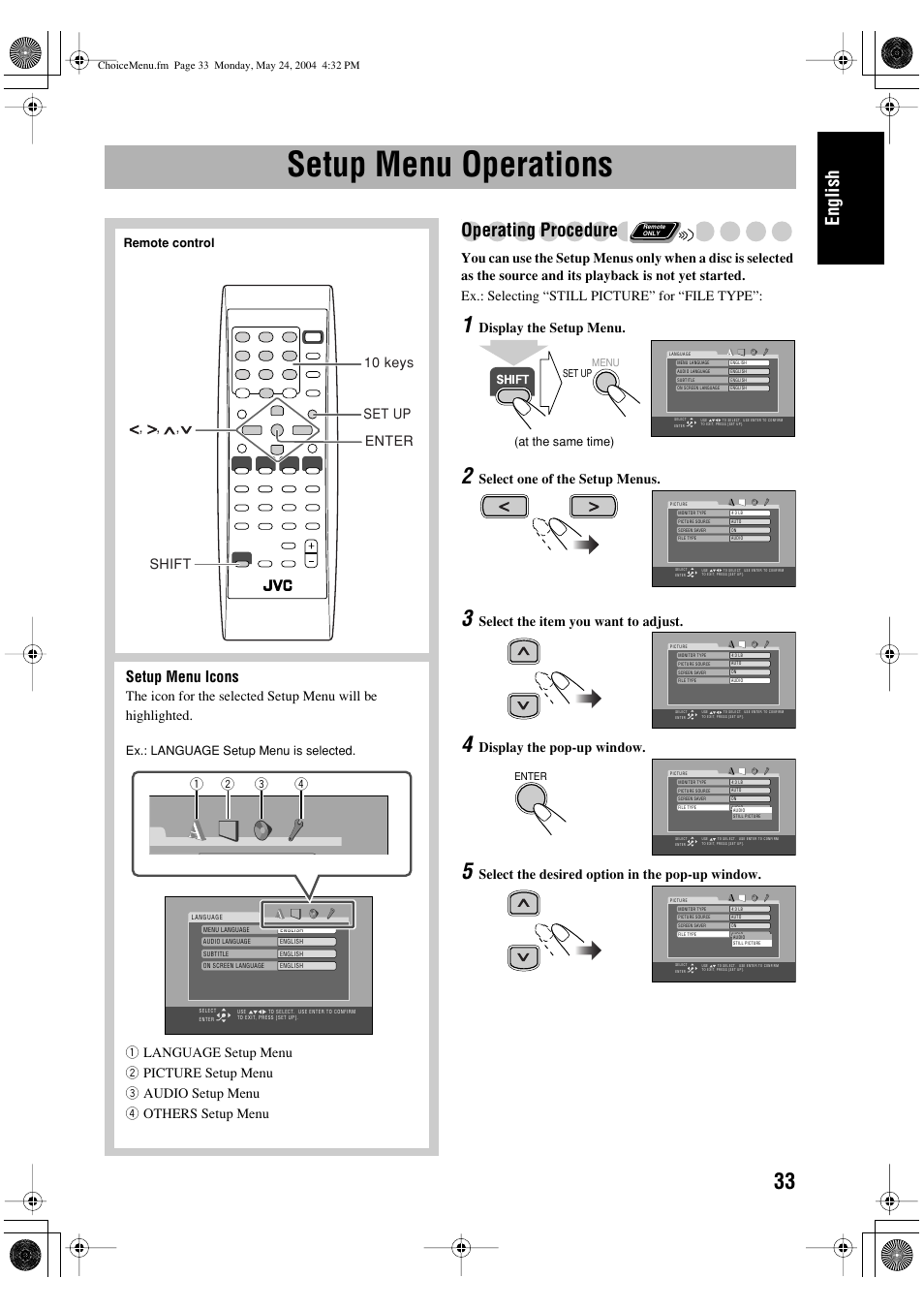 Setup menu operations, English, Operating procedure | Setup menu icons, Display the setup menu, Select one of the setup menus, Select the item you want to adjust, Display the pop-up window | JVC UX-P450 User Manual | Page 135 / 198