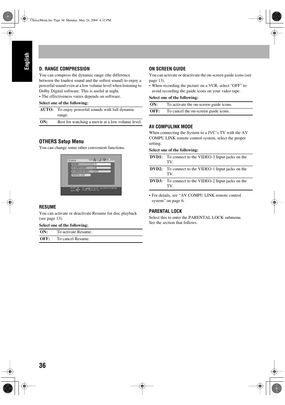 English, Others setup menu | JVC UX-P450 User Manual | Page 138 / 198