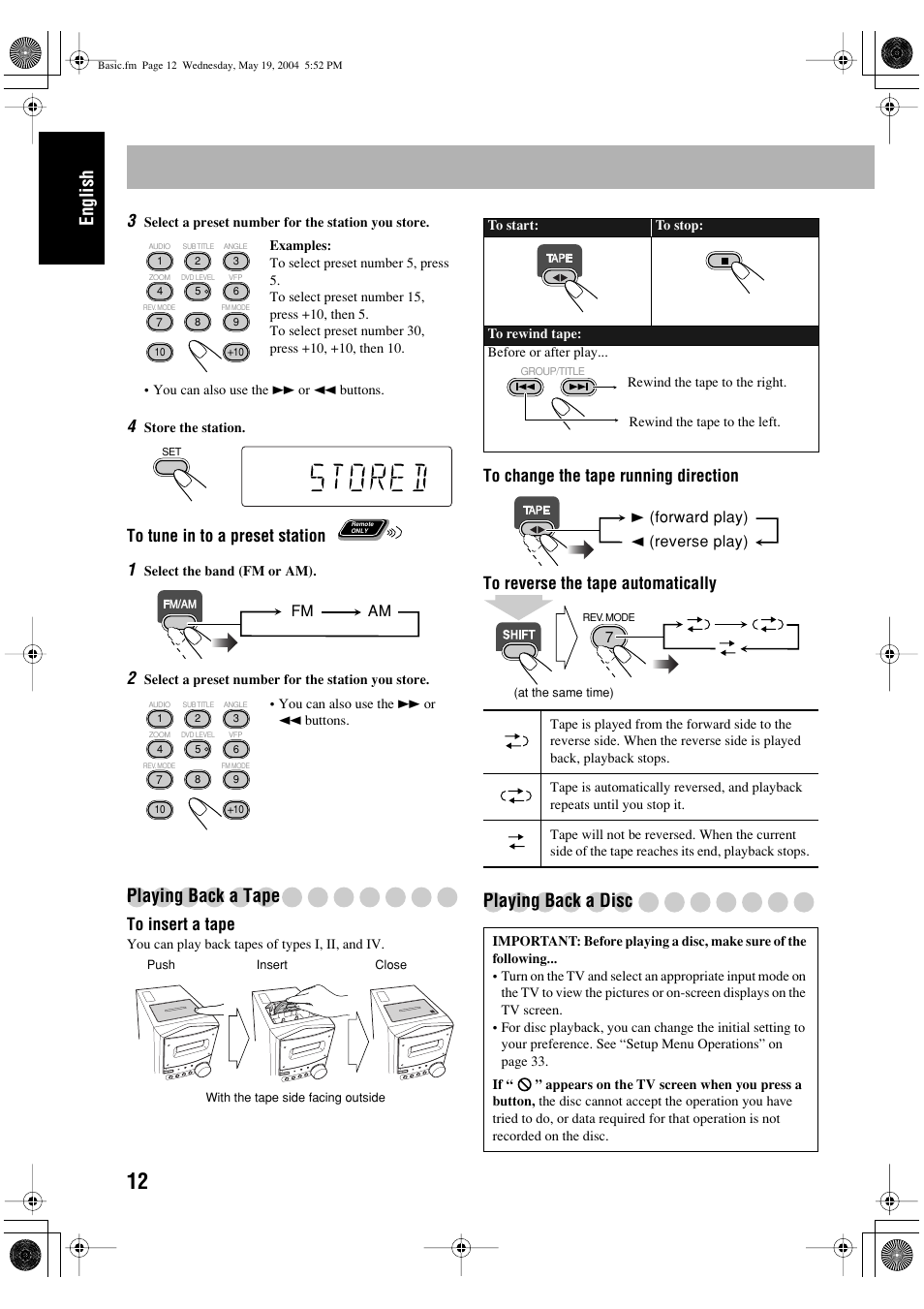 English, Playing back a tape, Playing back a disc | JVC UX-P450 User Manual | Page 14 / 198