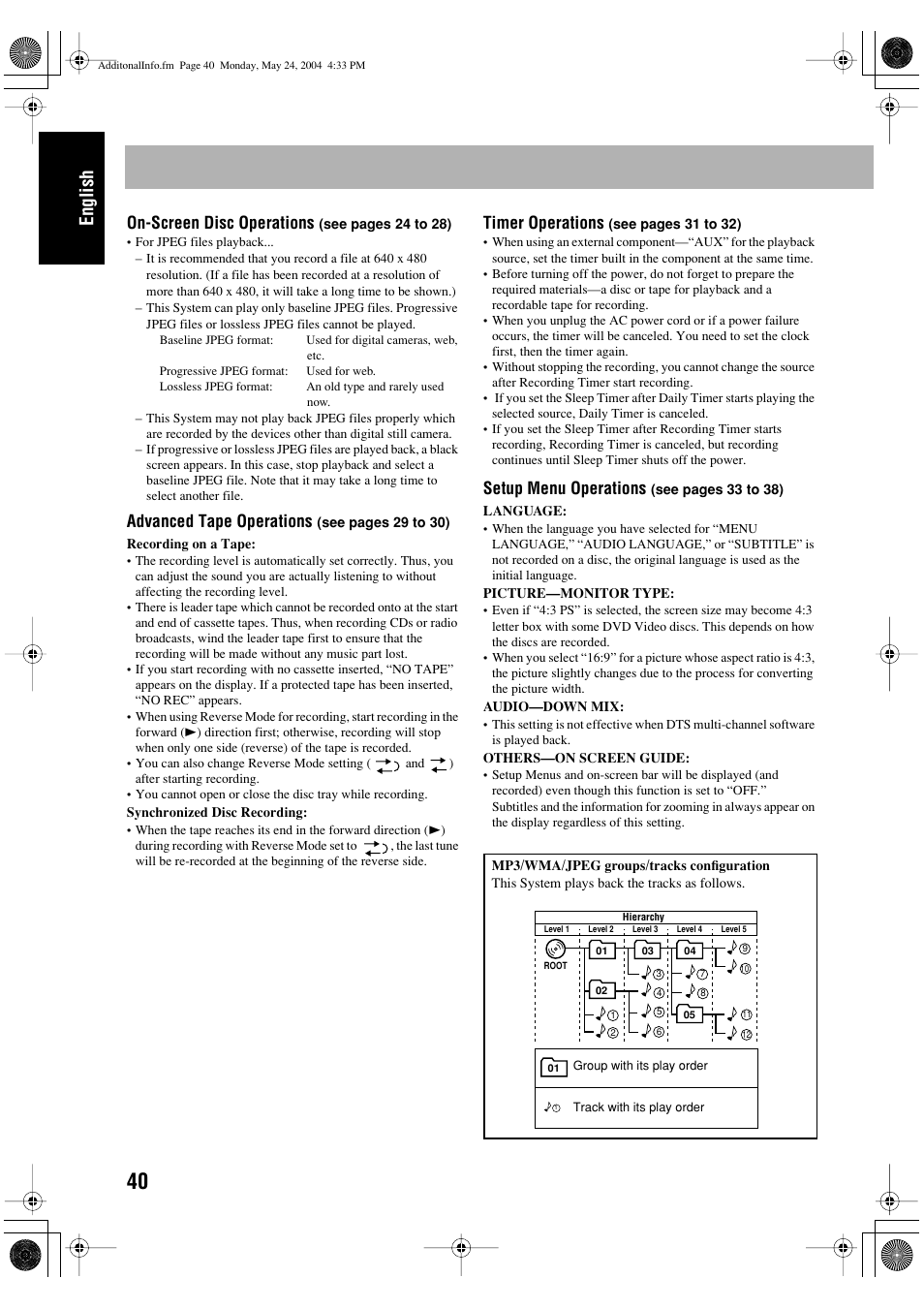 English, On-screen disc operations, Advanced tape operations | Timer operations, Setup menu operations | JVC UX-P450 User Manual | Page 142 / 198