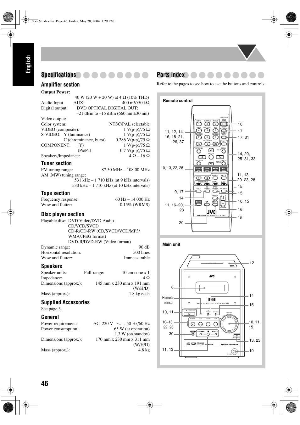 English specifications, Parts index, Speakers | Supplied accessories, General | JVC UX-P450 User Manual | Page 148 / 198