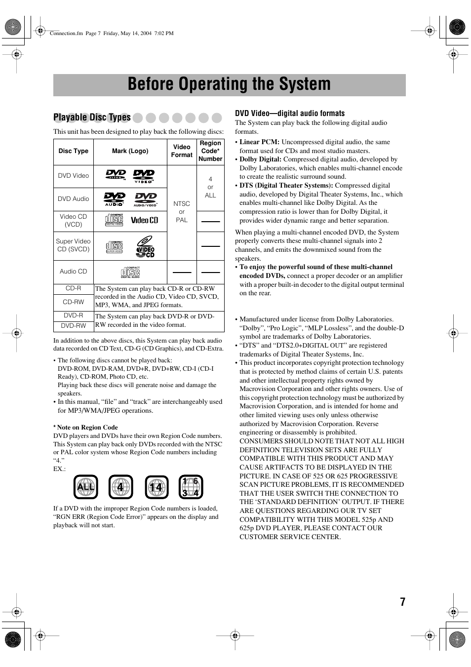 Before operating the system, Playable disc types | JVC UX-P450 User Manual | Page 158 / 198