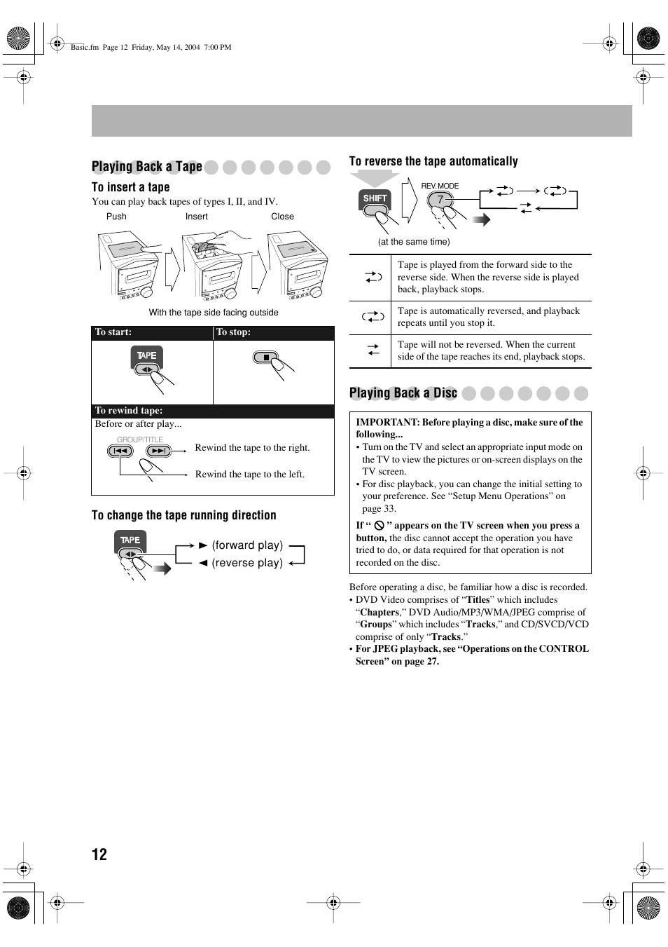 Playing back a tape, Playing back a disc | JVC UX-P450 User Manual | Page 163 / 198