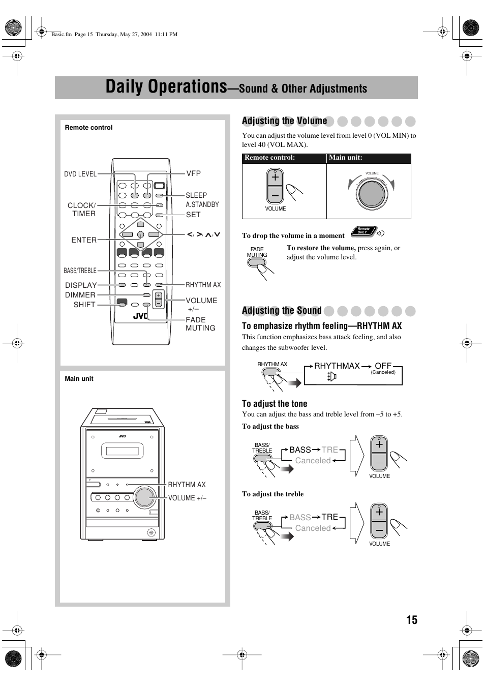 Daily operations —sound & other adjustments, Daily operations, Sound & other adjustments | Adjusting the volume, Adjusting the sound | JVC UX-P450 User Manual | Page 166 / 198
