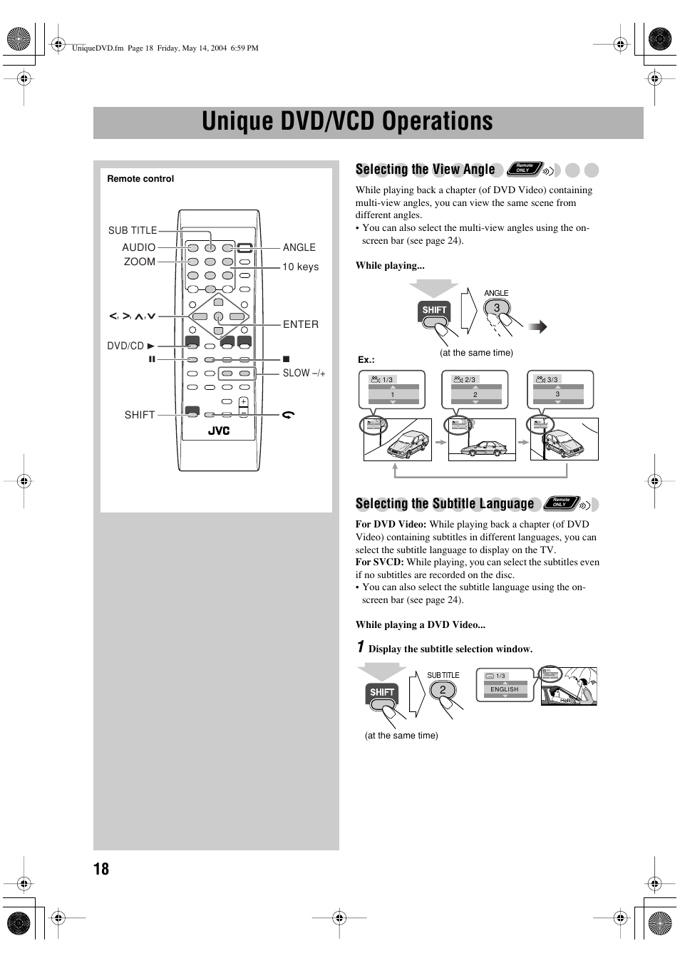 Unique dvd/vcd operations, Selecting the view angle, Selecting the subtitle language | JVC UX-P450 User Manual | Page 169 / 198